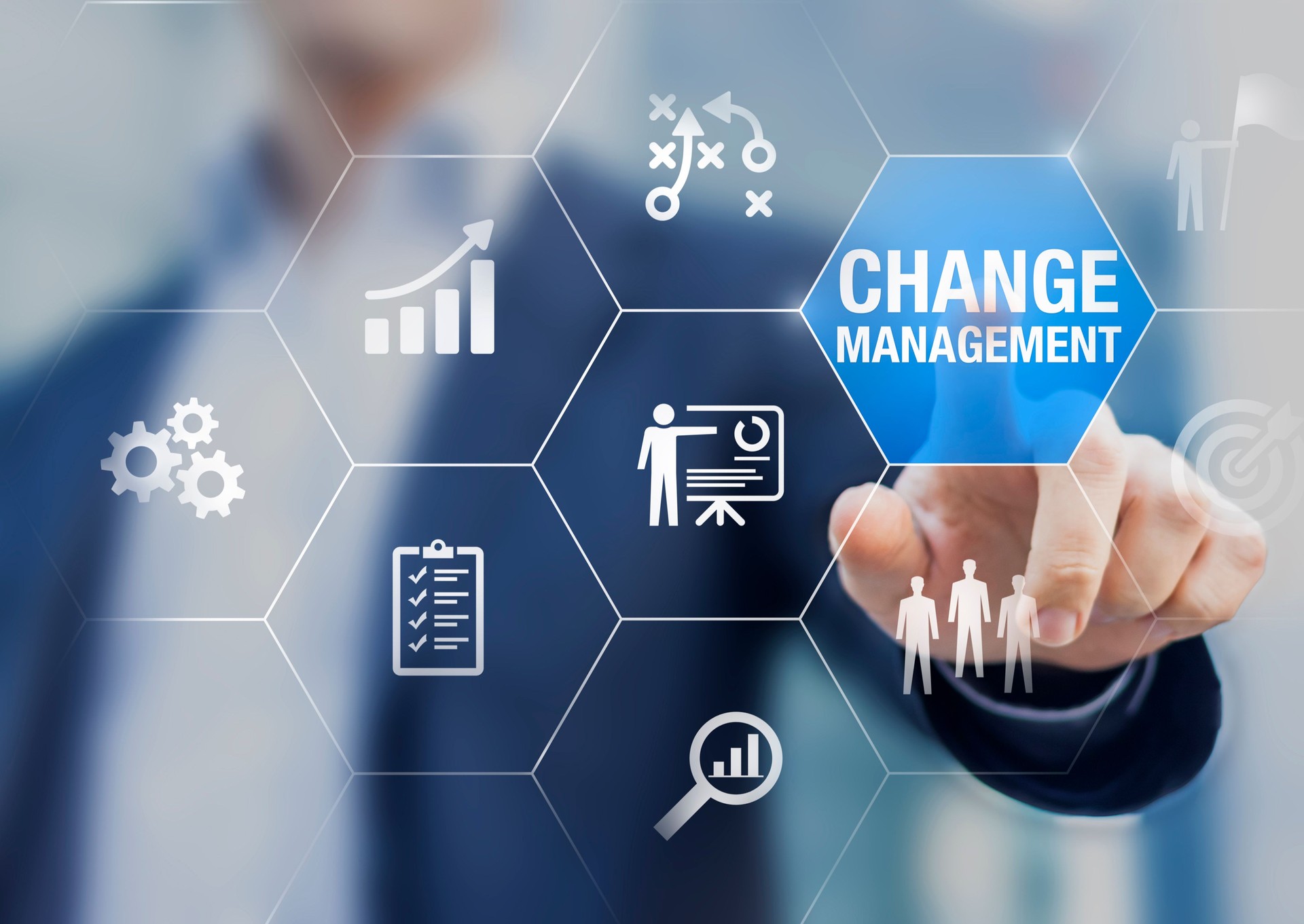 Gestion du changement dans l’organisation et le concept d’affaires avec le consultant présentant des icônes de stratégie, plan, mise en œuvre, communication, équipe, succès. Transition organisationnelle et transformation